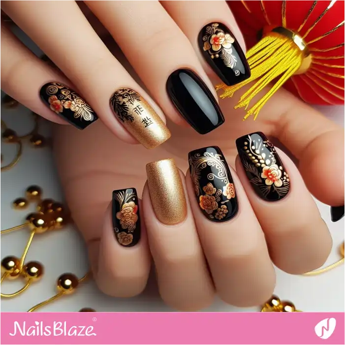 Stylish Chinese New Year's Black and Gold Nails Design | 2024 Nails - NB3731